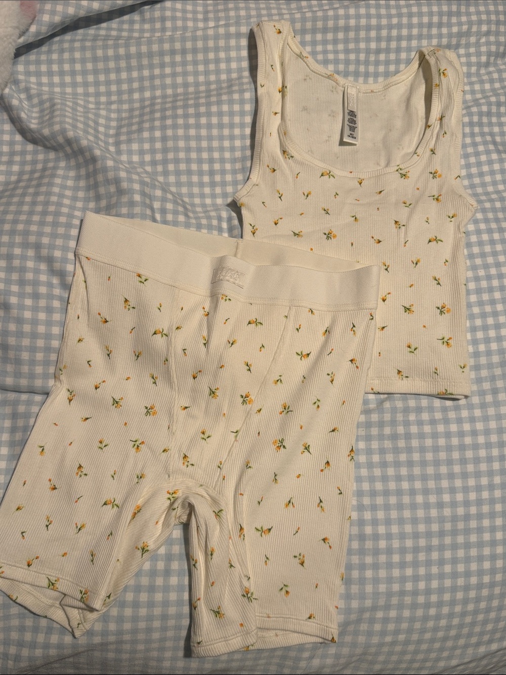 SKIMS Cream Floral Ribbed Tank Top and Shorts Set